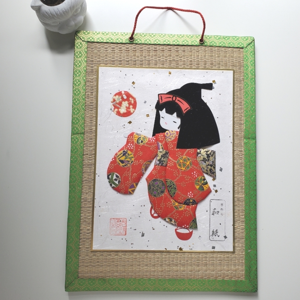 Signed Japanese Geisha Washi Paper Doll Frame